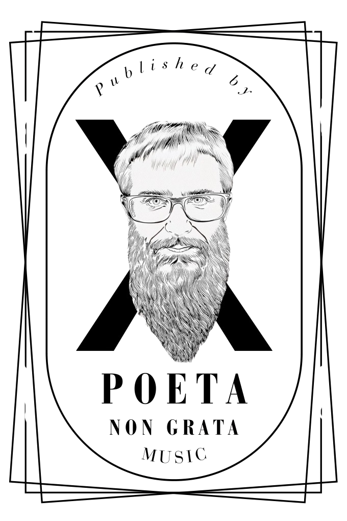 Line drawing of a man with glasses and a long beard, set inside an oval border with "POETA NON GRATA MUSIC" written in bold text below.