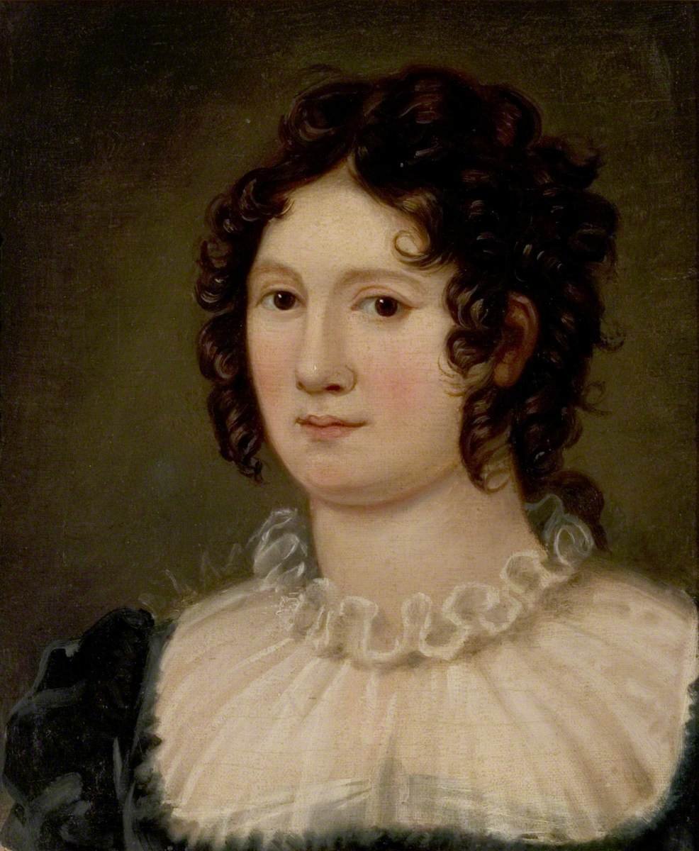 Portrait of a woman with curly dark hair, wearing a white ruffled collar and dark dress, against a dark background.