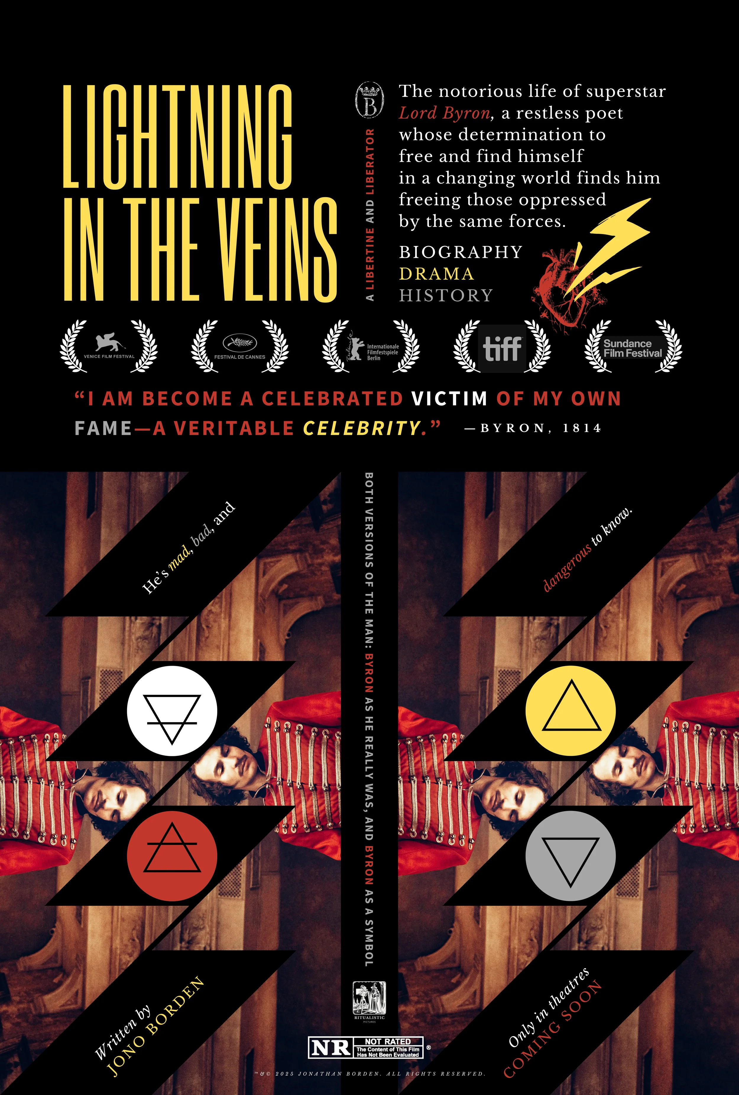 Poster for the film "Lightning in the Veins" featuring a man in a vintage red military jacket, black background, yellow and white text, and various symbols and laurels for film festivals.