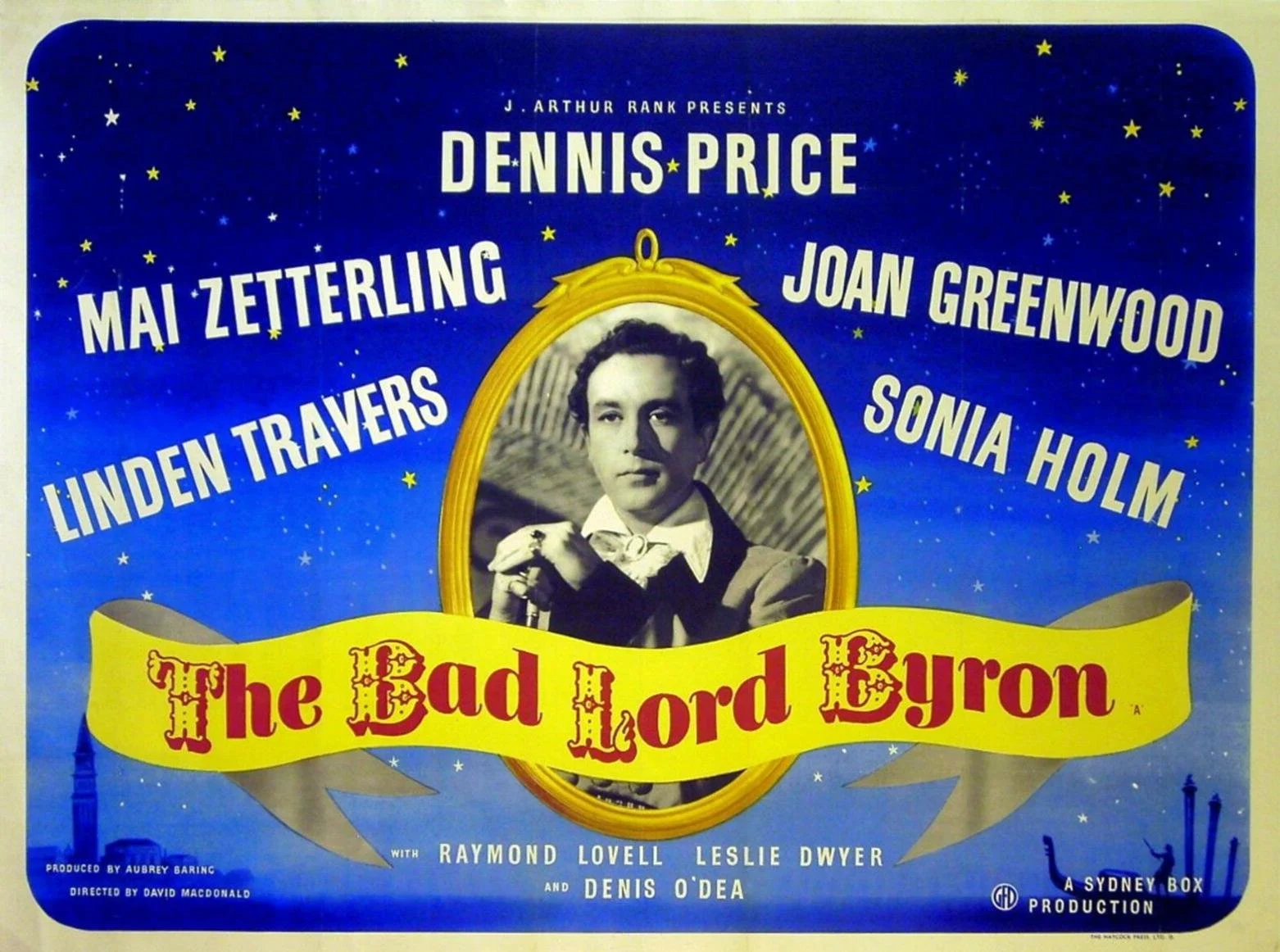 Vintage theatrical poster for the film "The Bad Lord Byron" featuring a black and white photo of a young man in a suit within an ornate gold frame, a blue starry night background, and text listing cast members and production details.