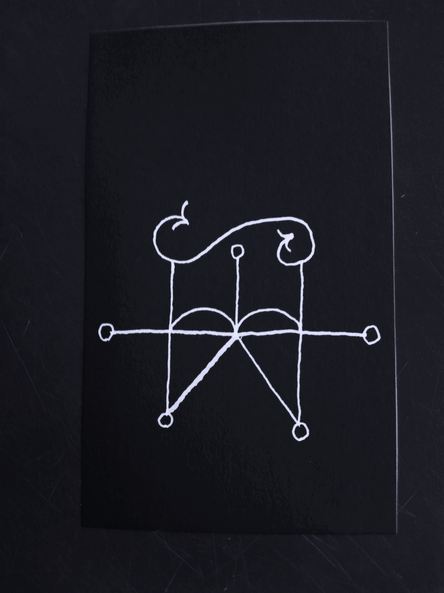 White abstract line drawing on black background, resembling a geometric and organic design with circles, lines, and arrows. Magical symbols. Sigils.