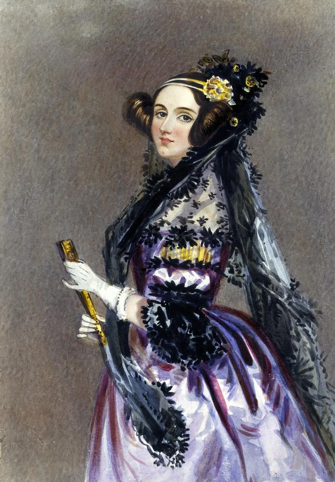 Painting of a woman in 19th-century attire holding a fan or small object, wearing a black lace shawl, with elaborate hairstyle and floral accessories.