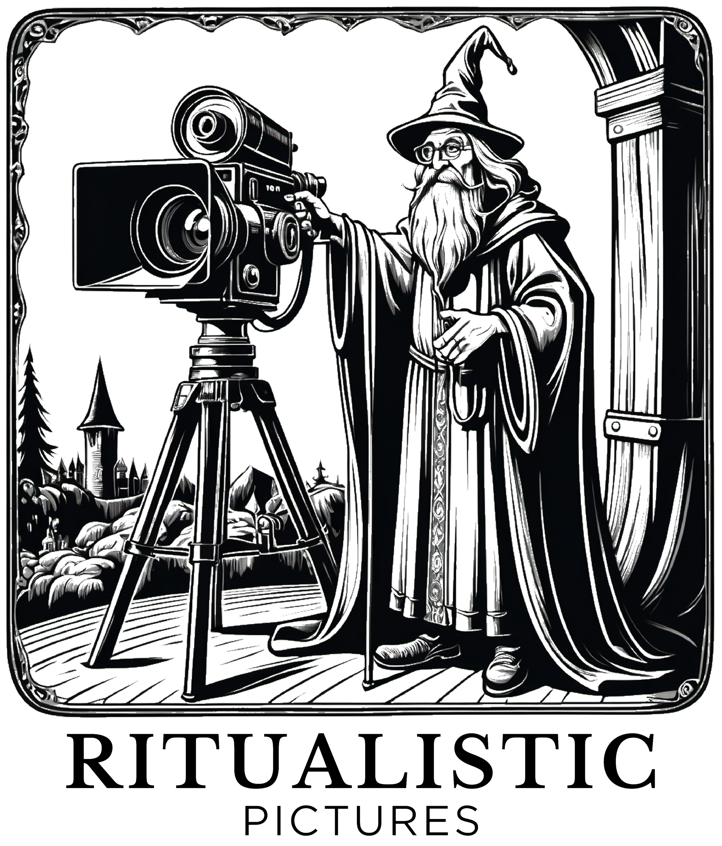 A wizard with a hat and robe operating an old-fashioned camera on a tripod, with a castle and nature scene in the background, framed by an ornate border with the text 'RITUALISTIC PICTURES' at the bottom.
