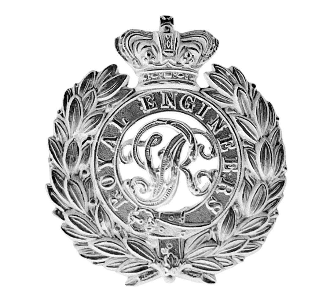 "VR" Cypher (royal monogram) of the British Army's Corps of Royal Engineers, featuring Queen Victoria's initials ("VR" for "Victoria Regina"), the regiment's name, a wreath, surmounted by a royal crown.