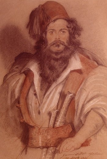 A detailed brown and beige sketch of a man in historical clothing, with a beard, mustache, and a tall hat, holding a rifle and another object.