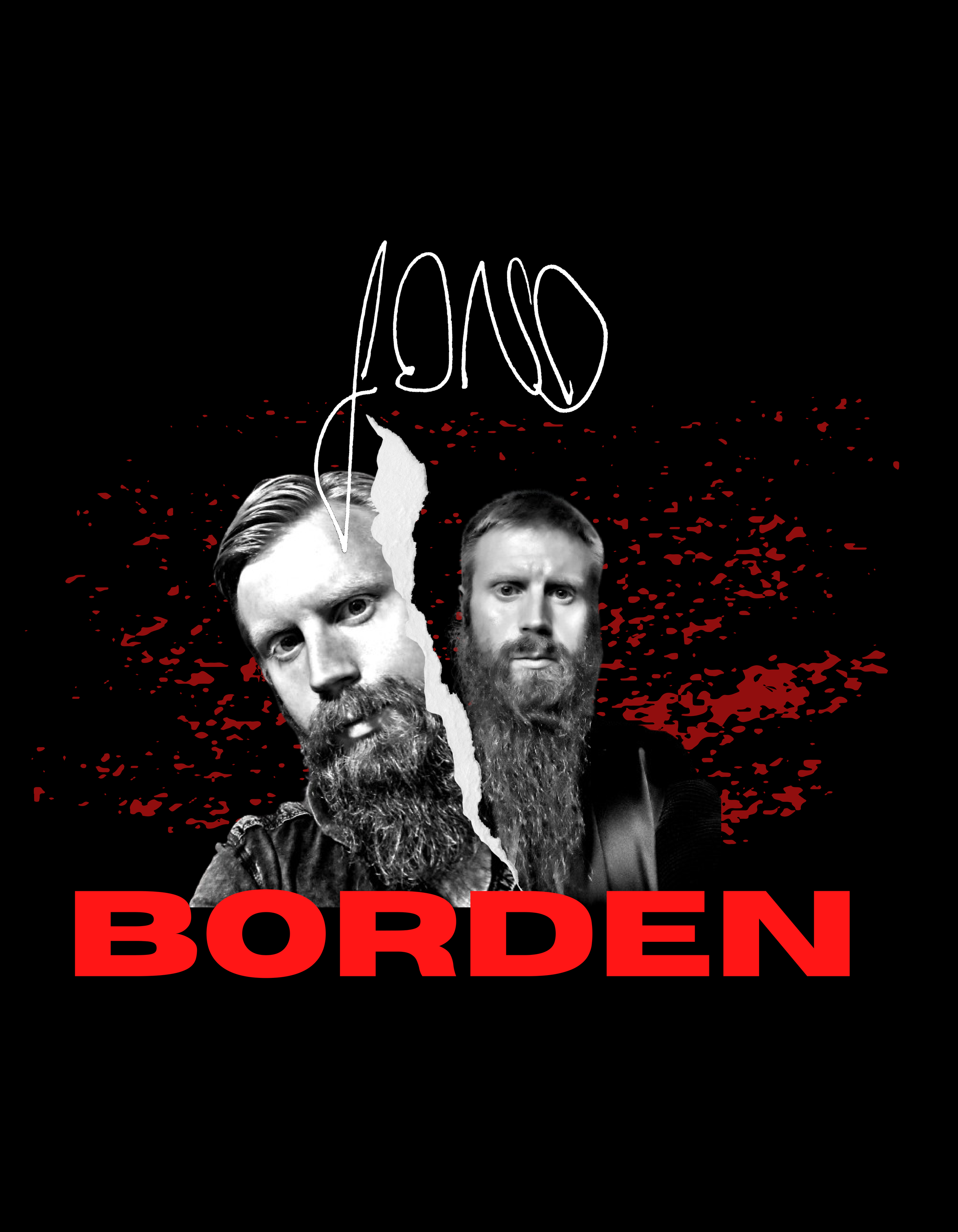 Merchandise design with Jono Borden's heads ripped from black and white self-portraits, divided by a graphic tear and blood splatter, his name bold.