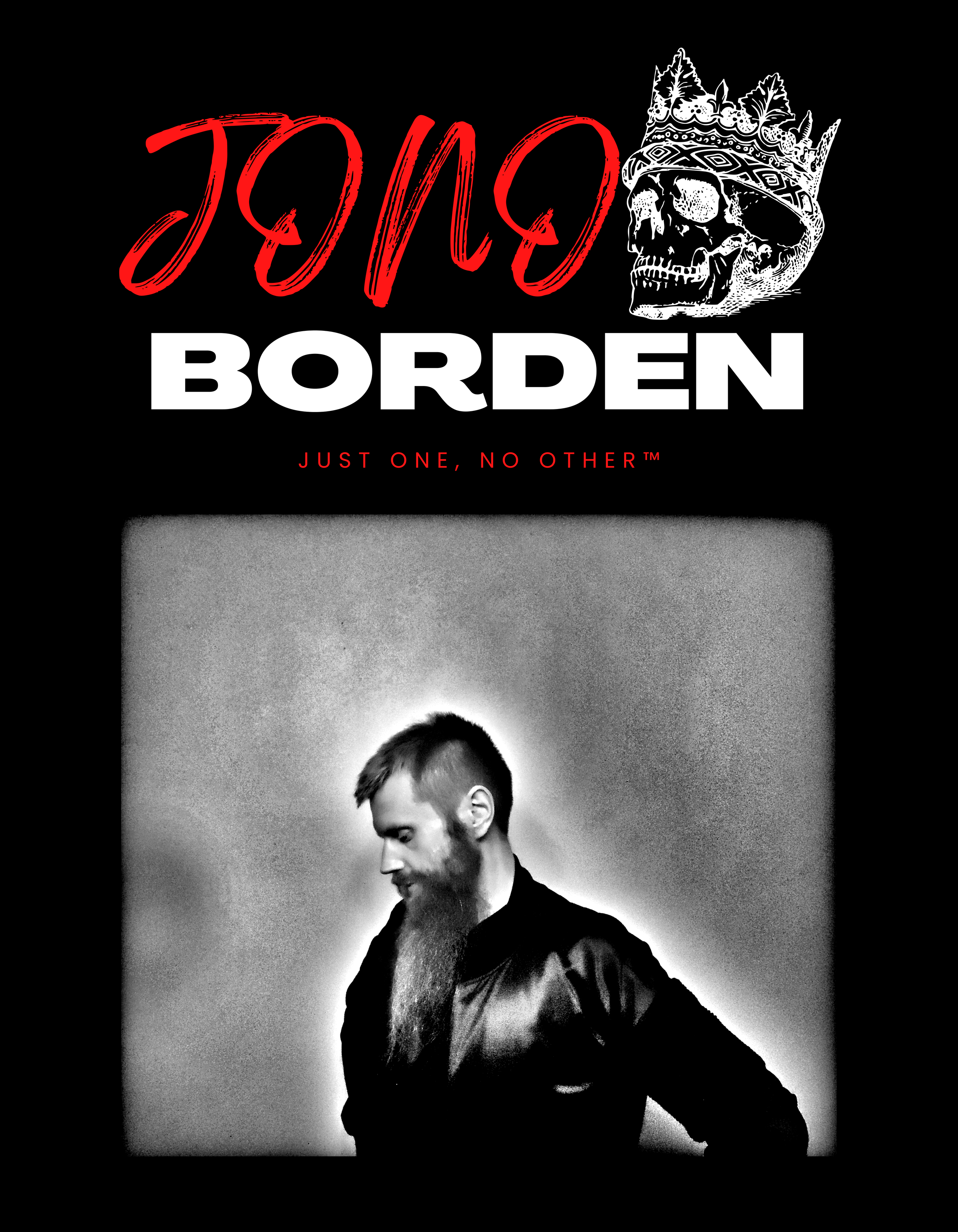 Merchandise design featuring a black-and-white self-portrait of Jono Borden with a defiant logo of his name and a crowned skull, symbolizing rebellion and strength.