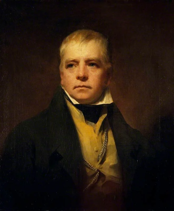 Painting of a man with blond hair wearing a dark coat and a yellow waistcoat, standing against a dark background.