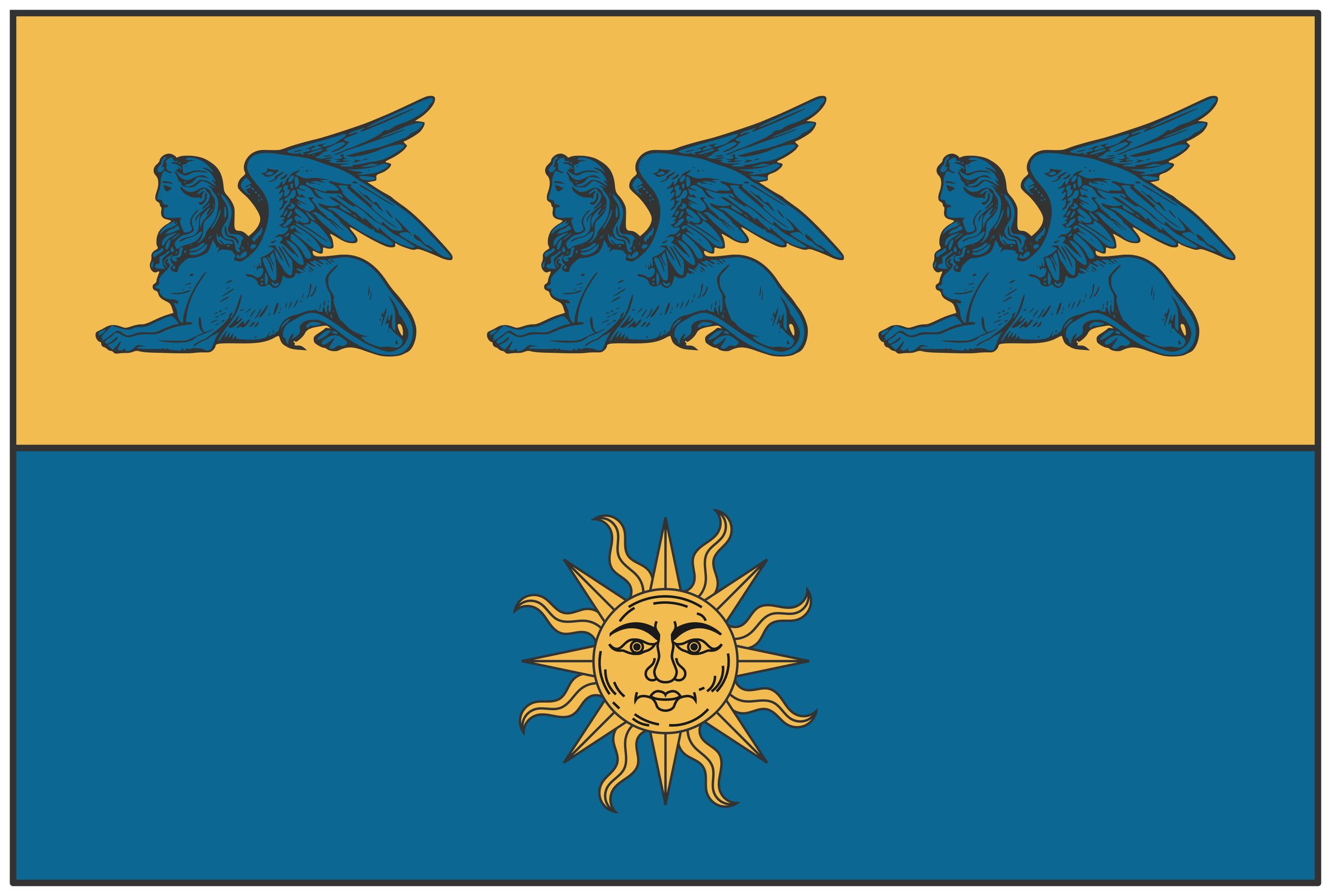 Flag featuring three blue sphinxes on a gold background in the upper block, and a sun with a human face and rays on a blue background below.