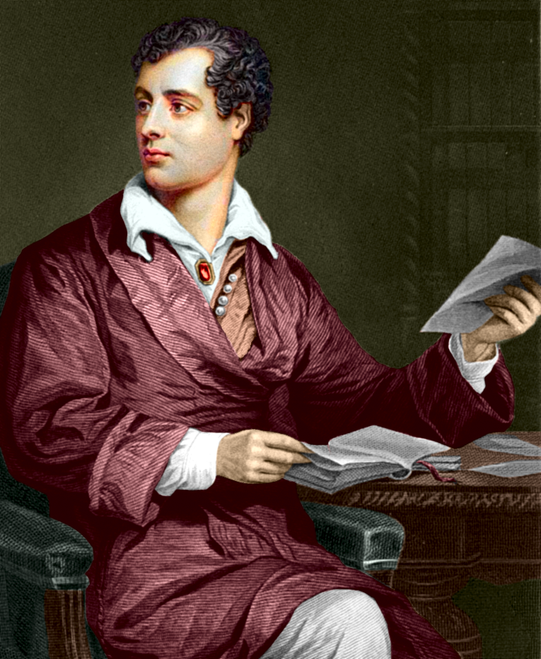 A painting of a young man with dark curly hair, dressed in historical clothing, sitting at a table reviewing papers.