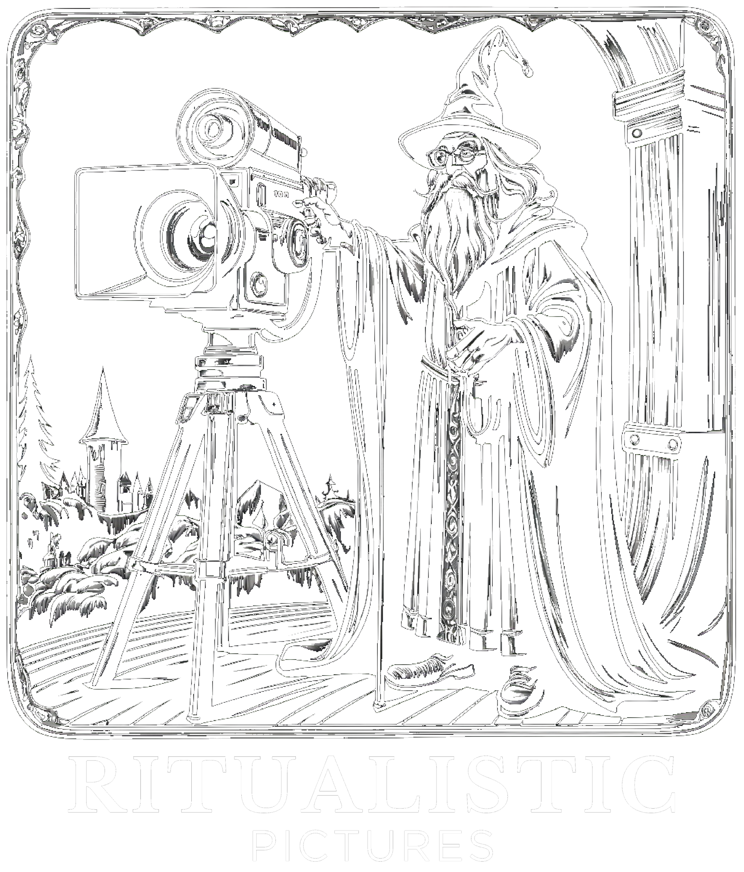 A black and white illustration of a wizard with a long beard and glasses, wearing a pointed hat and cloak, operating a vintage movie camera on a tripod, with a castle and trees in the background, framed with decorative corners, and the words "RITUALISTIC PICTURES" at the bottom.