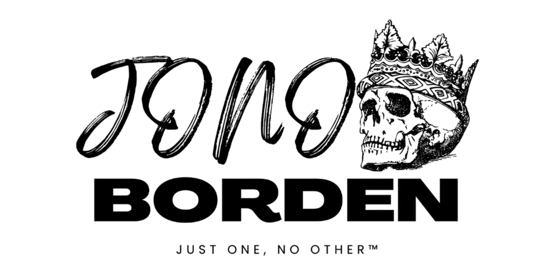 Black and white logo with stylized text saying 'JONO' with a crowned skull next to it, and smaller text below saying 'BORDEN' with a slogan 'JUST ONE NO OTHER' underneath.