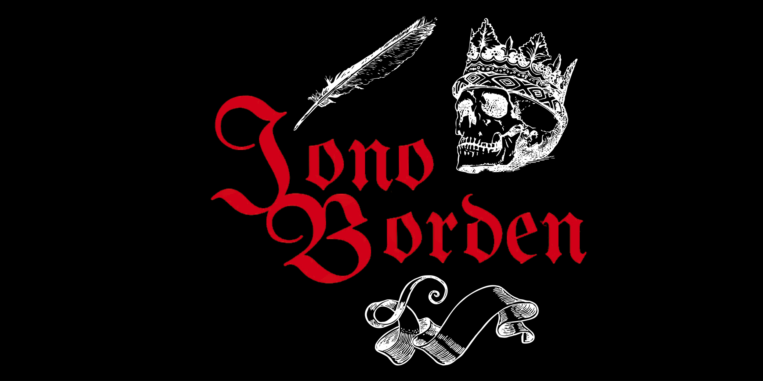 Merchandise design with Jono Borden's name in striking red gothic lettering accompanied by graphics of skulls, quills, daggers, and scrolls.