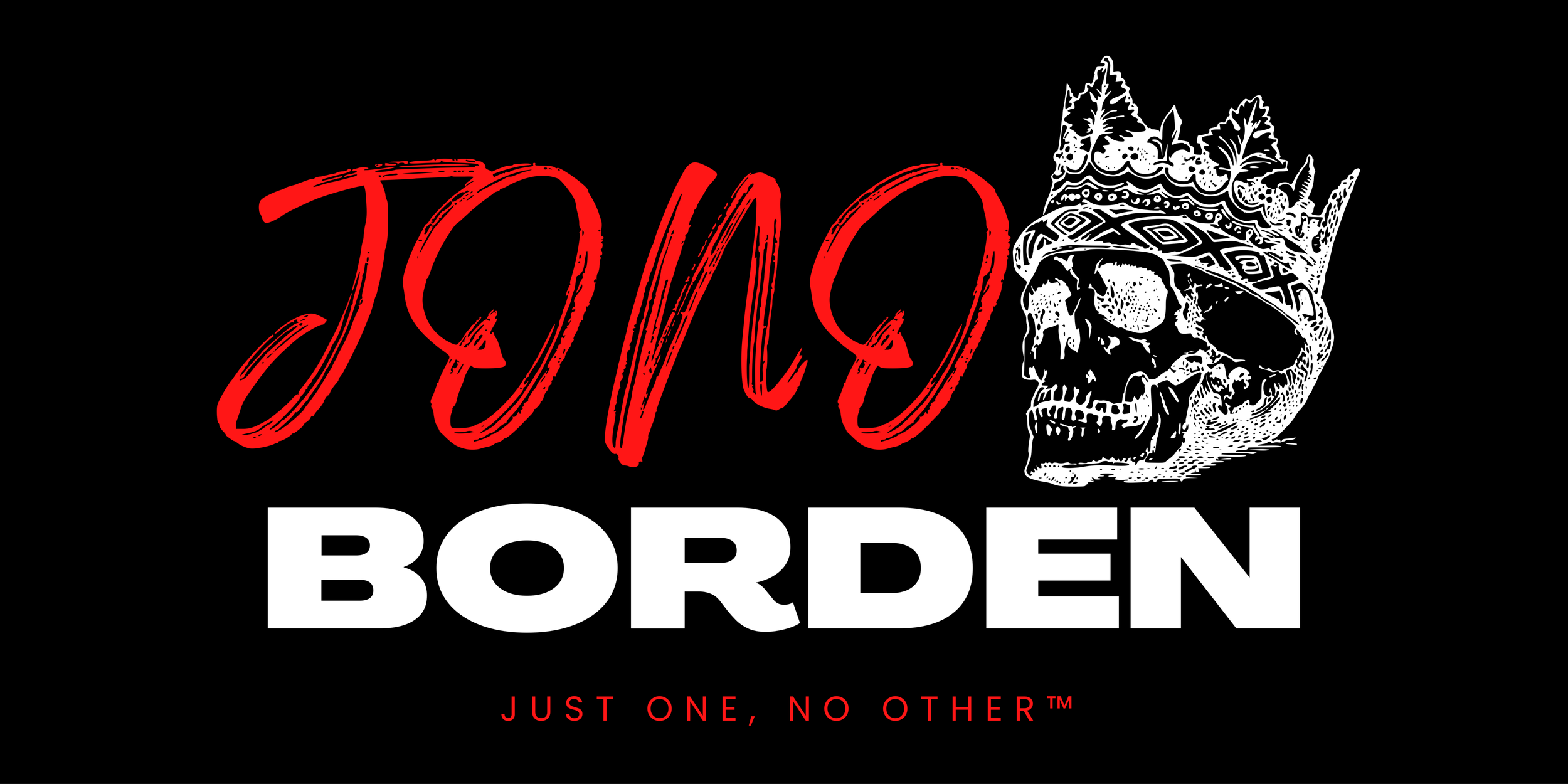 Merchandise design with Jono Borden's name as a bold and defiant logo accompanied by a crowned skull signifying rebellious power.