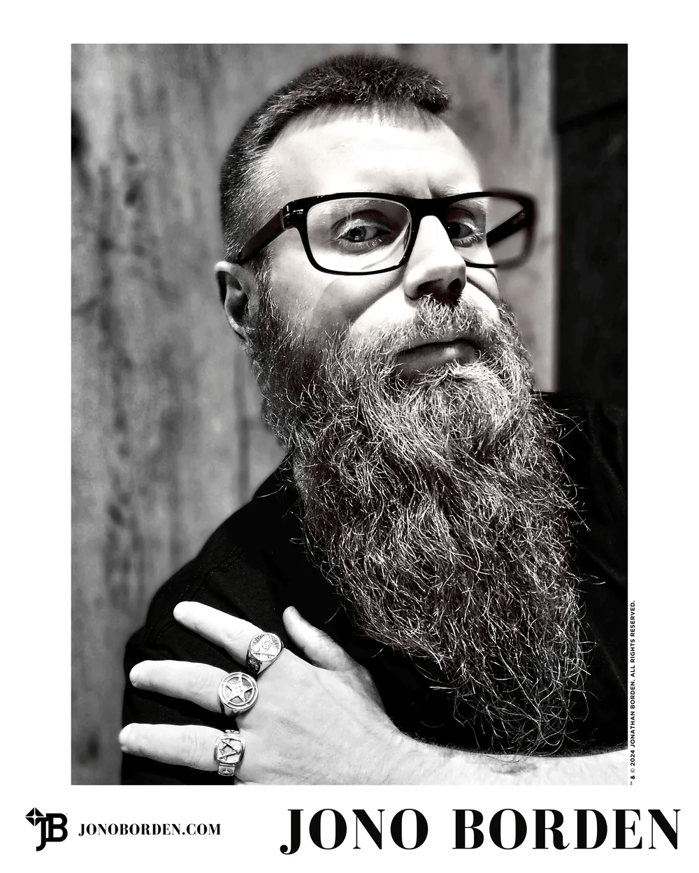 A quick animation of several black and white self-portrait publicity shots of Jono Borden changing in rapid succession, showing evolving appearances.