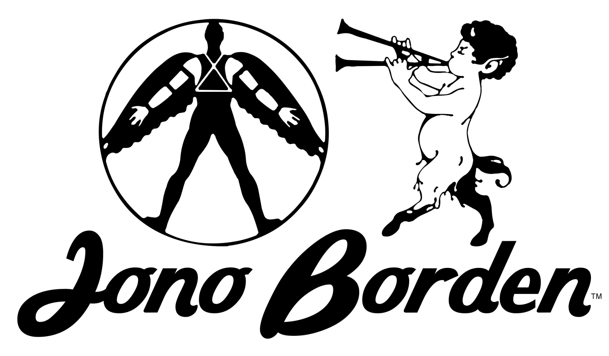 Outline of a logo with a human figure in a circle, a horse, a person playing the trumpet, and the text "Lono Borden".