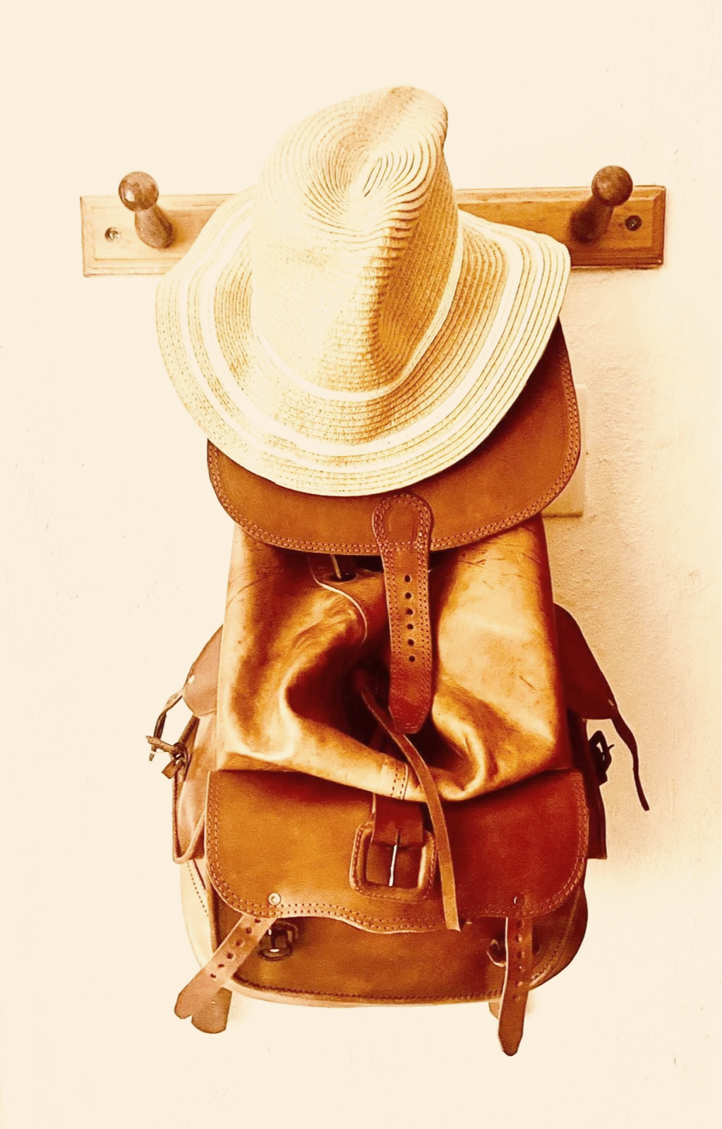 A bag and hat hung on the wall.