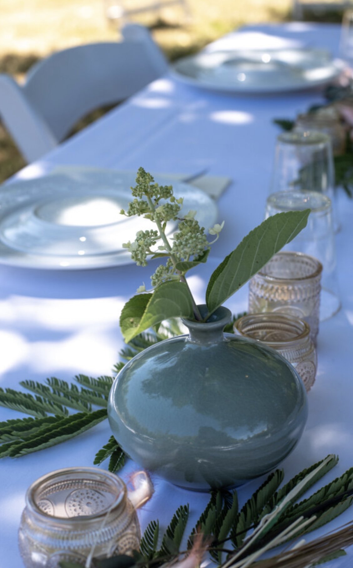 One of the tables at a garden wedding celebration.