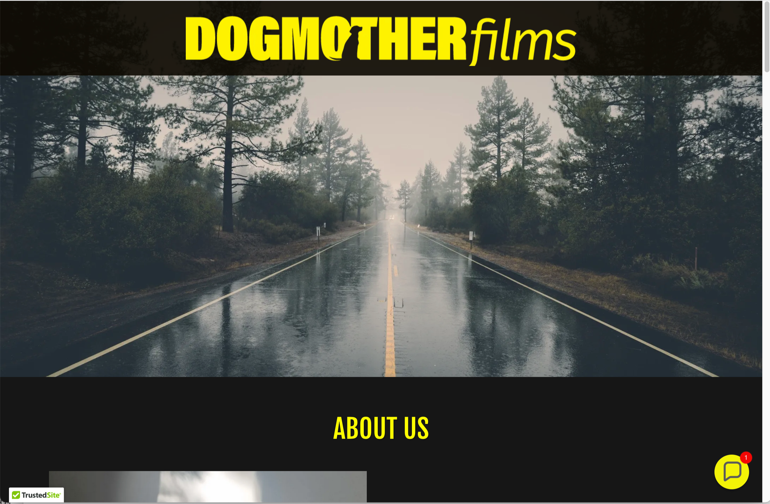 Website homepage header for Dogmother Films featuring a wet, empty road in forested area on a rainy day, with the title in bold yellow text and a section labeled 'About Us' in yellow.
