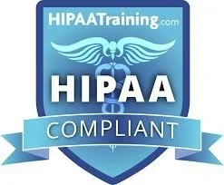 HIPAA compliant badge with a blue shield, caduceus symbol, and wings, indicating HIPAA training certification.