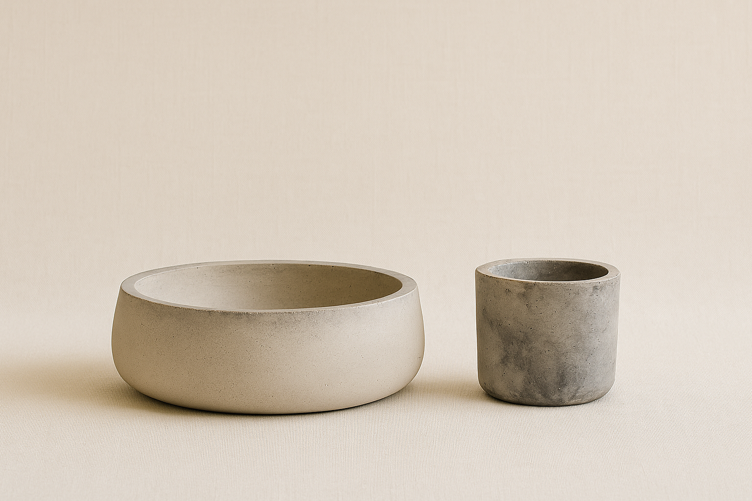 Dos maceteros de cerámica gris en un fondo beige claro.
