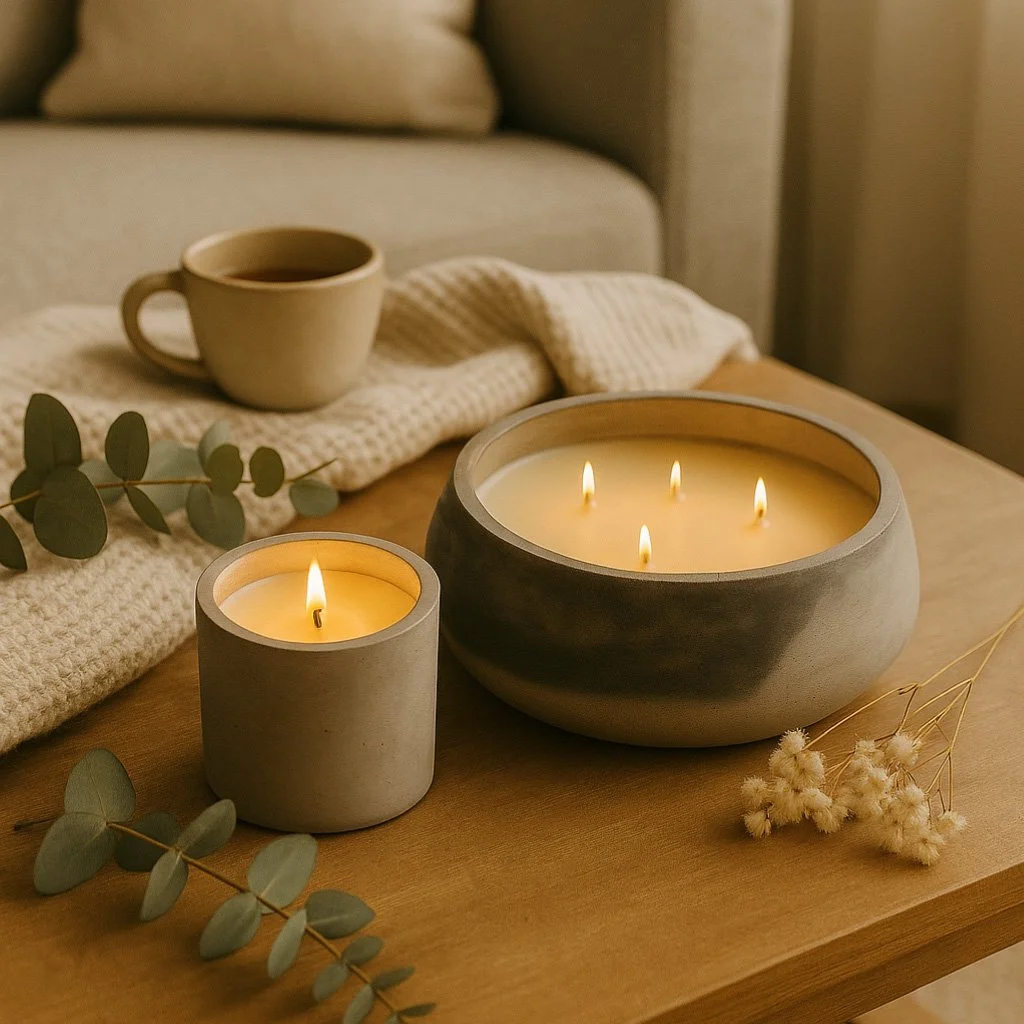 Velas encendidas en vasijas de cerámica sobre una mesa de madera, con una taza de café, una bufanda, hojas de eucalipto y flores secas en un entorno acogedor y cálido.