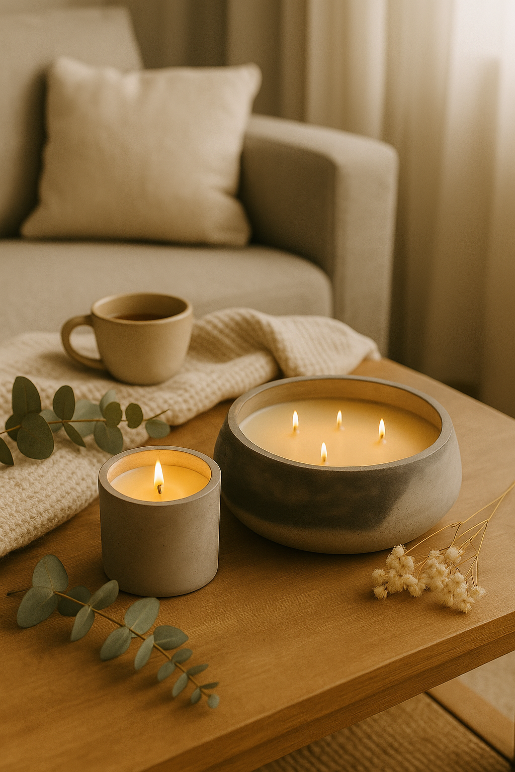 Mesa de madera con dos velas encendidas, una en un recipiente y otra en un vaso, junto a un ramo de hojas verdes y flores blancas, en un entorno acogedor con sofá beige y taza en el fondo.