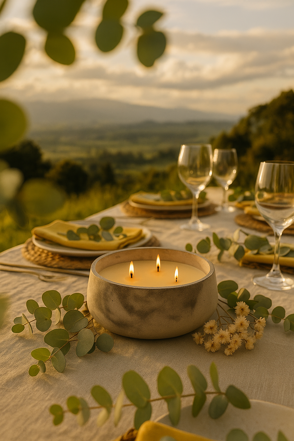 Mesa de comida al aire libre con velas y platos, paisaje de campo con colinas al atardecer.