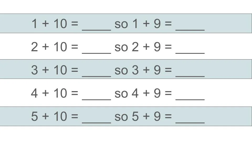 A math worksheet with addition problems, focusing on adding 10 and 9, with blank spaces for students to fill in the answers.