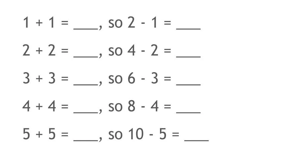 Math worksheet with addition and subtraction equations for young students.