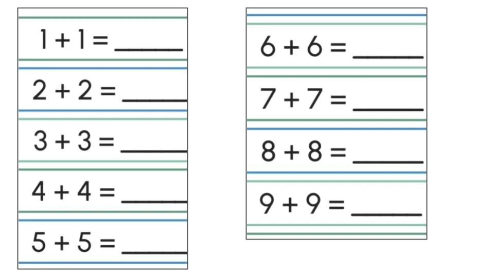 Math worksheet with basic Addition problems, with most answers or blank spaces for answers.