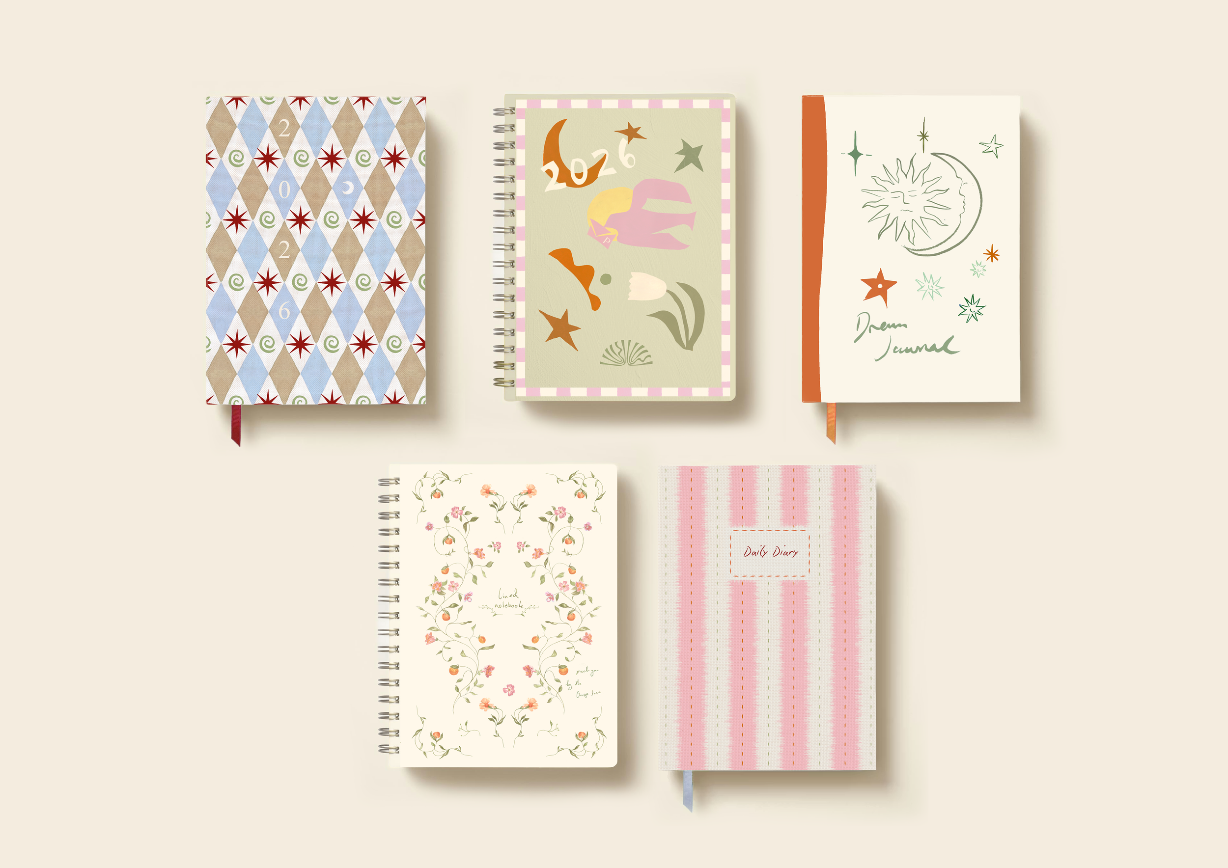 Six notebooks with decorative covers, arranged in two rows against a light background. The top row has three notebooks: one with a geometric diamond pattern, one with abstract shapes and numbers, and one with celestial drawings and the words "Dream Journal". The bottom row has three notebooks: one with floral patterns and the words "Hand Notebook," one with pink and cream stripes and the words "Daily Diary".