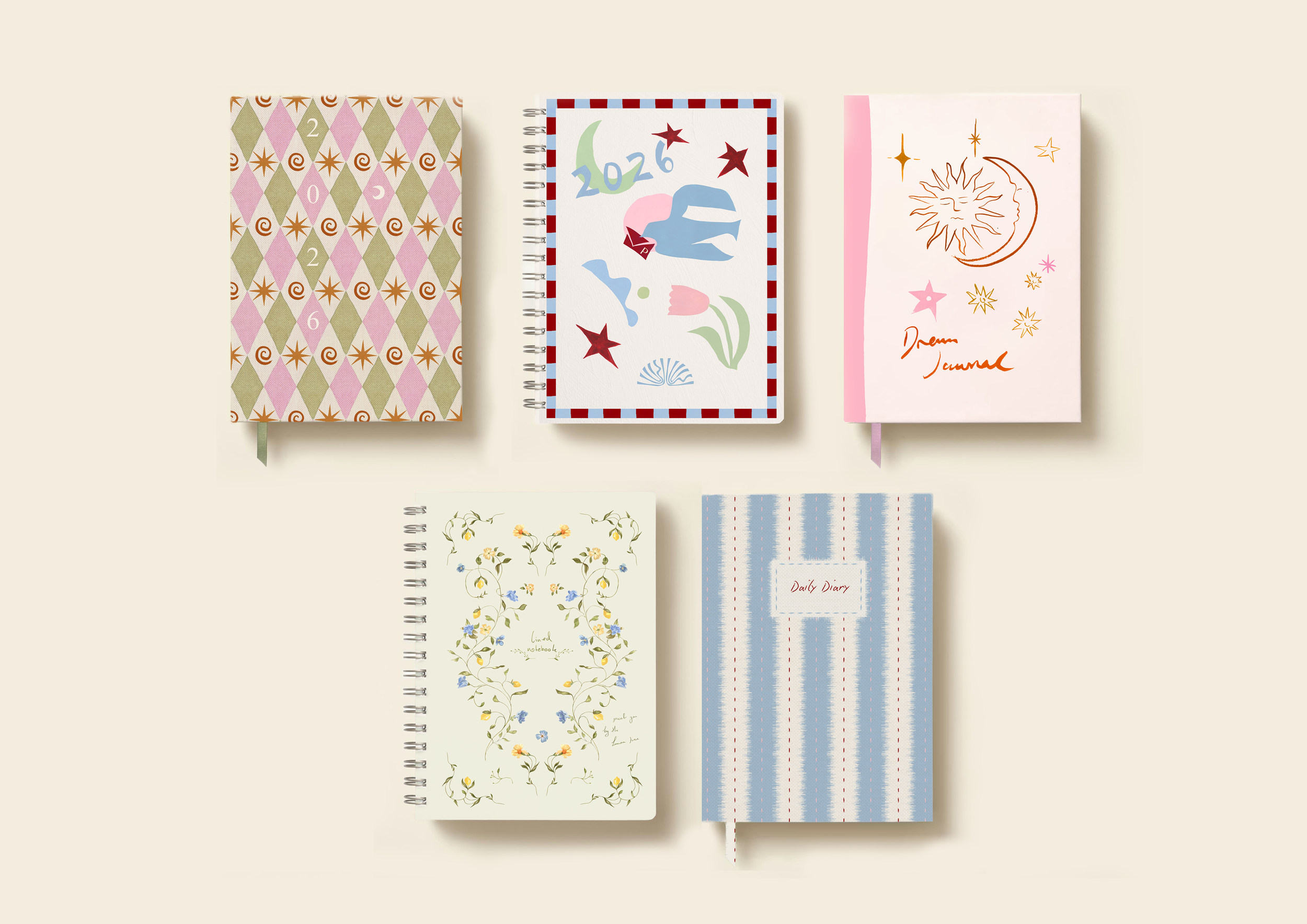 Six notebooks or planners with decorative covers arranged on a light background, featuring colorful patterns, illustrations, and handwritten text.