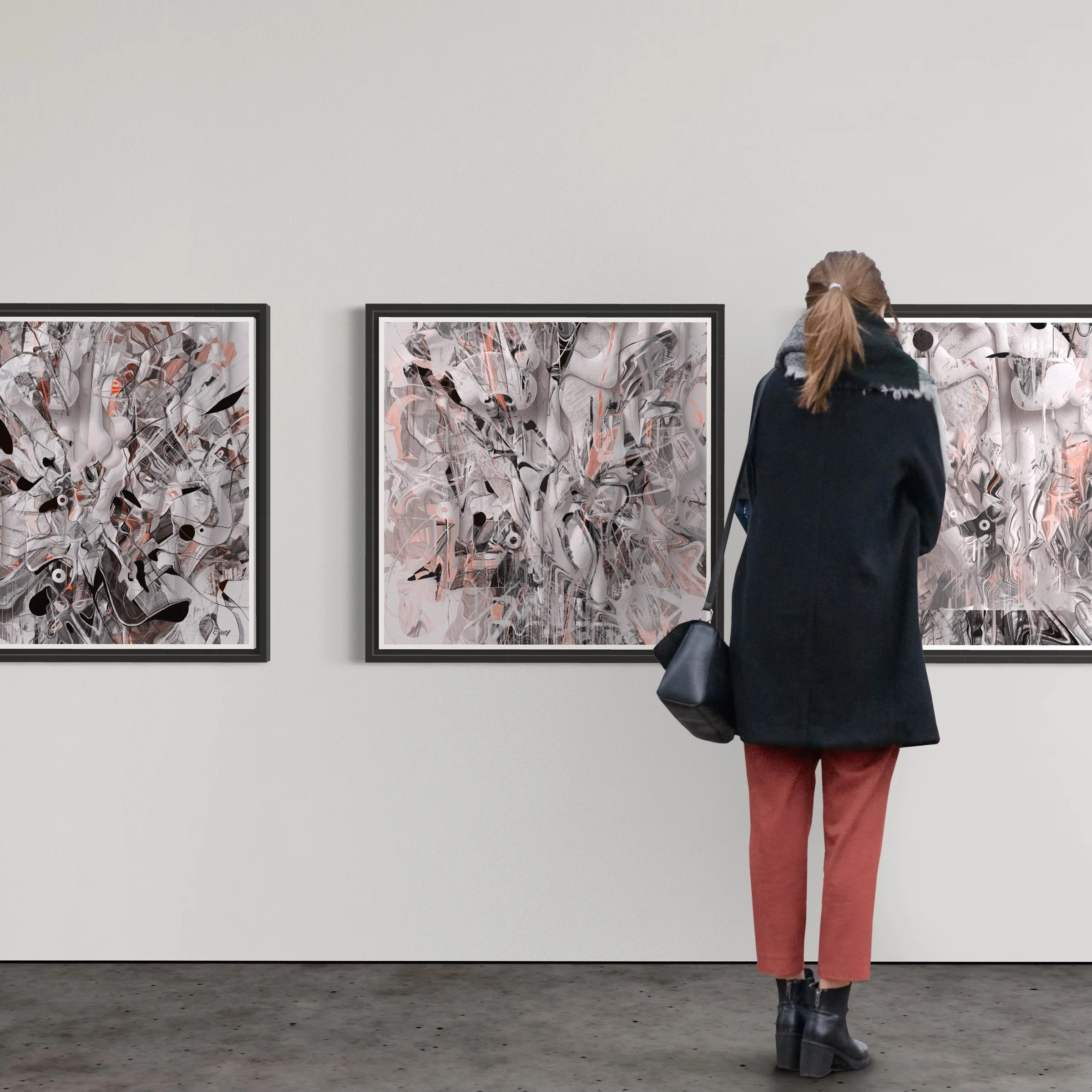 A woman with a ponytail, wearing a black coat, reddish-brown pants, and black ankle boots, stands in an art gallery looking at three abstract paintings.
