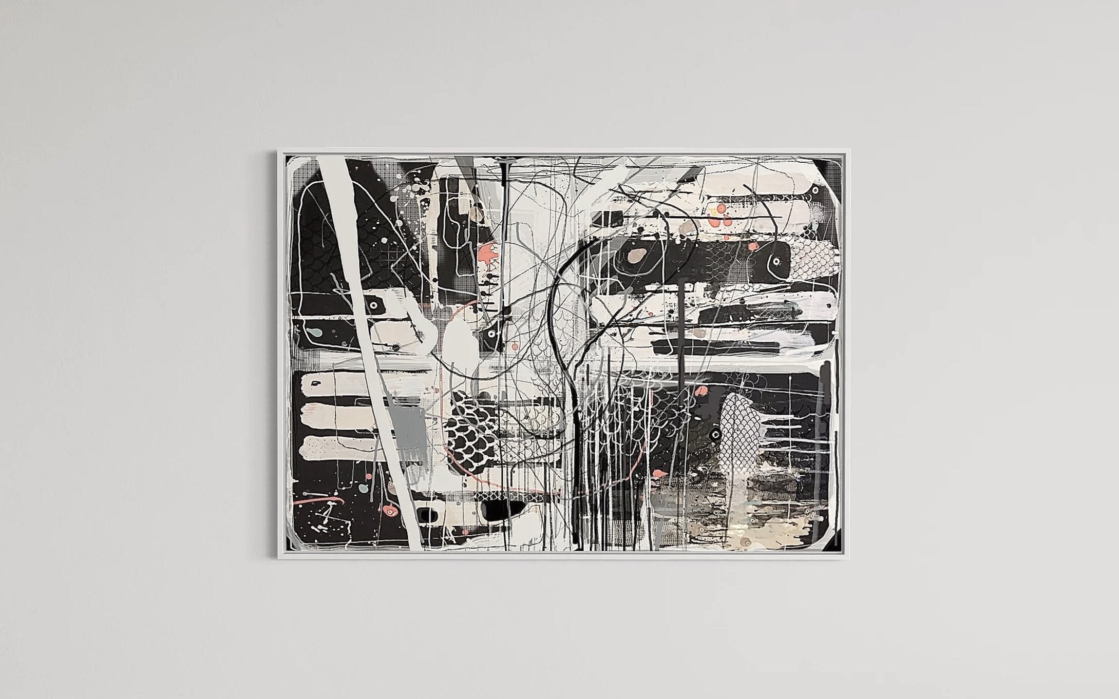 An abstract modern painting with black, white, beige, and orange splashes, lines, and patterns, hung on a white gallery wall.