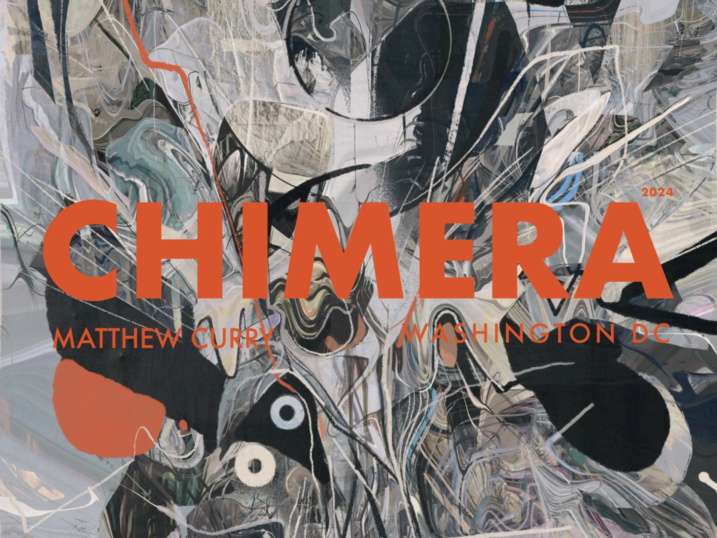 Abstract art background with the words 'Chimera 2024' in large orange letters, and 'Matthew Curry Washington DC' in smaller orange letters underneath.