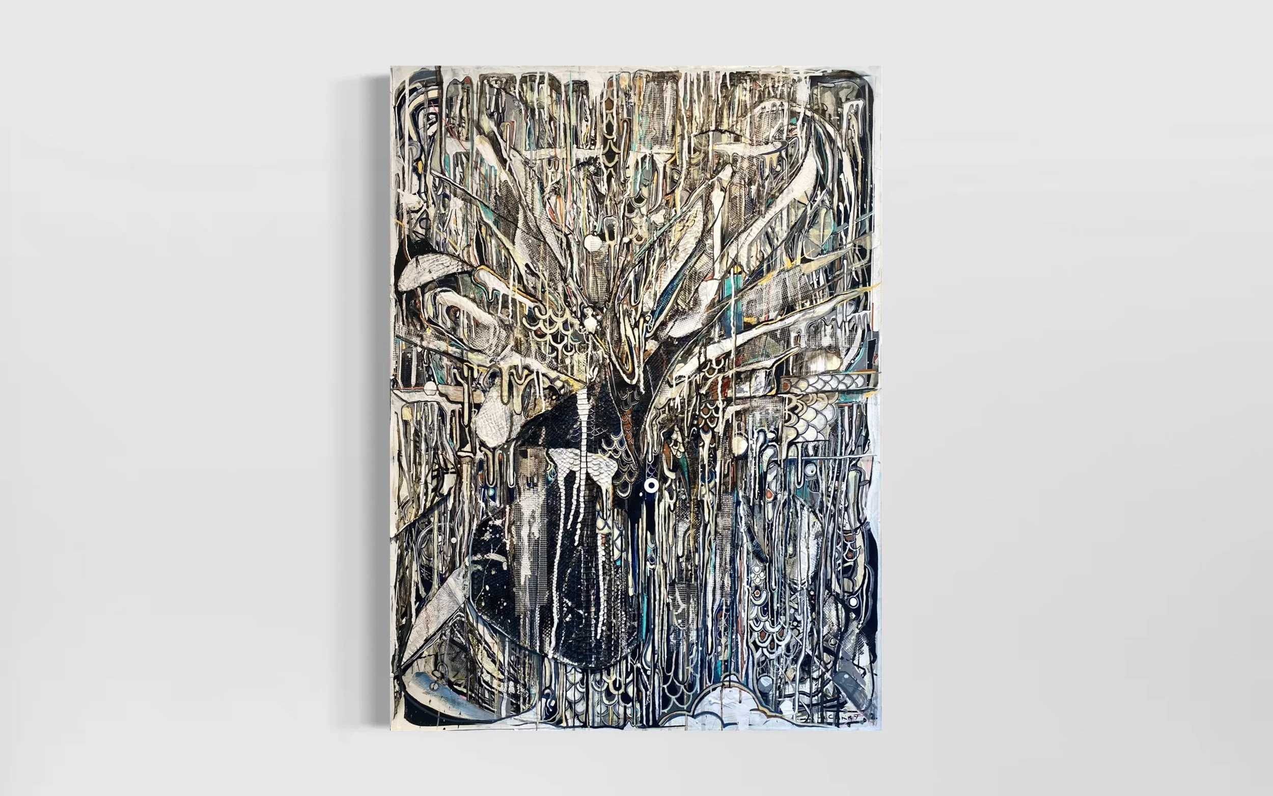 Primordial
2022
Acrylic, enamel, fiberglass, ink, paper, steel, synthetic reptile skin, tape on canvas
40 × 30 × 1.5 in (101.6 × 76.2 × 3.8 cm)
