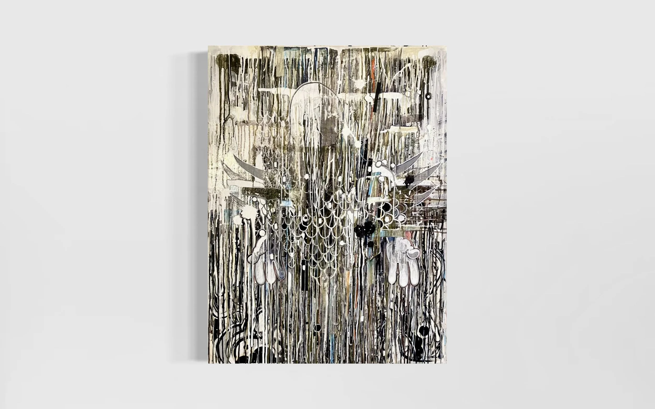 Cronos
2025
Acrylic, enamel, fiberglass, India ink, latex, paper, steel, synthetic reptile skin, tape on canvas
48 × 36 × 2 in (121.9 × 91.4 × 5.1 cm)
