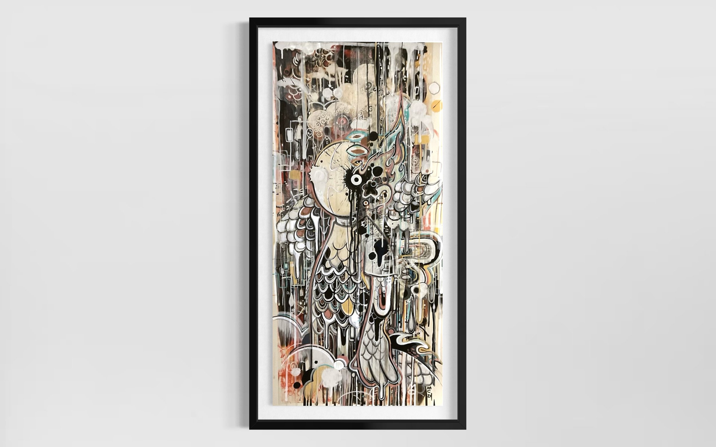 Sentinel
2025
Acrylic, enamel, fiberglass, India ink, latex, paper, steel, synthetic reptile skin, tape, inkjet on bamboo paper
30 × 14 in (76.2 × 35.6 cm)
