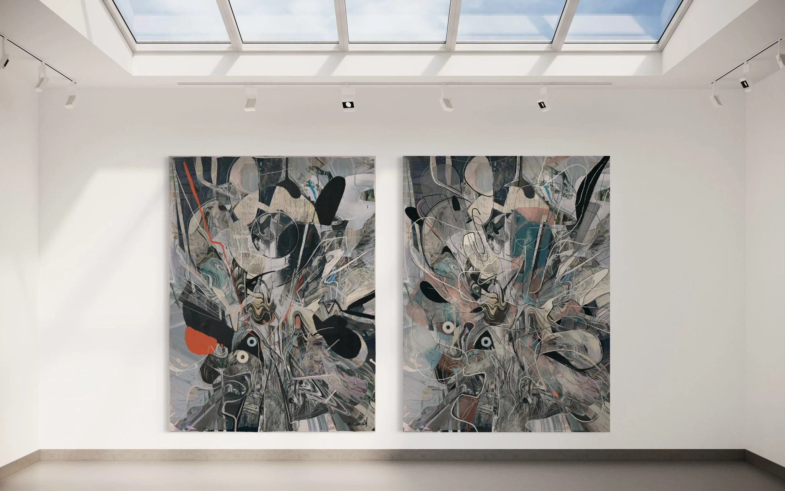 Two abstract paintings displayed on a white gallery wall under a skylight.