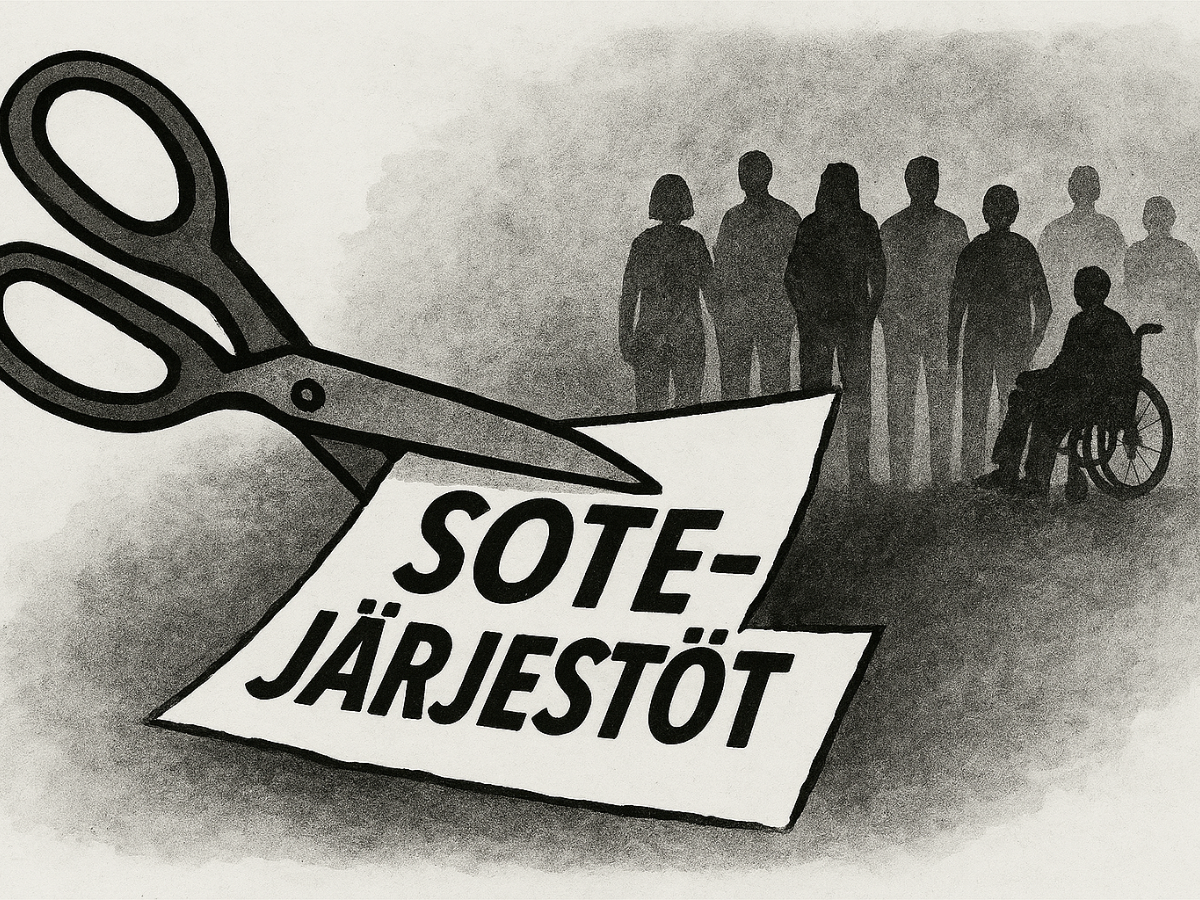 Kuvituskuva. Sakset leikkaavat lappua, jossa lukee Sote-järjestöt. Taustalla ihmisfiguureita.