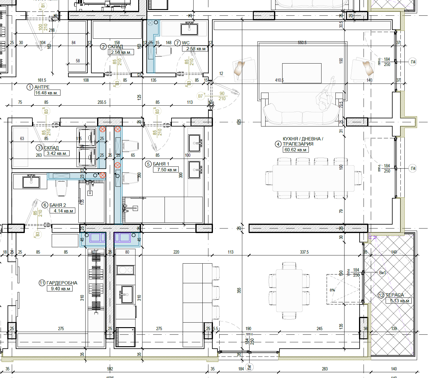 A detailed architectural floor plan of an apartment or house, showing rooms, measurements, and fixtures such as sinks, toilets, and beds.
