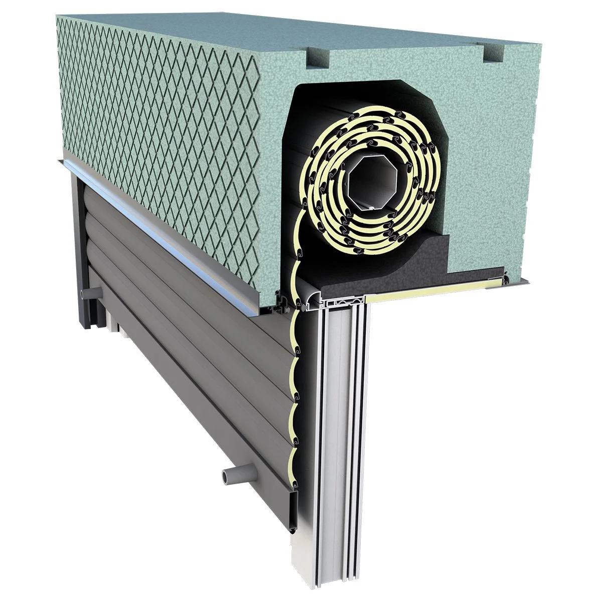 Cross-sectional view of a mechanical or industrial component, possibly a part of a heating or ventilation system, showing coils, insulation, and structural elements.
