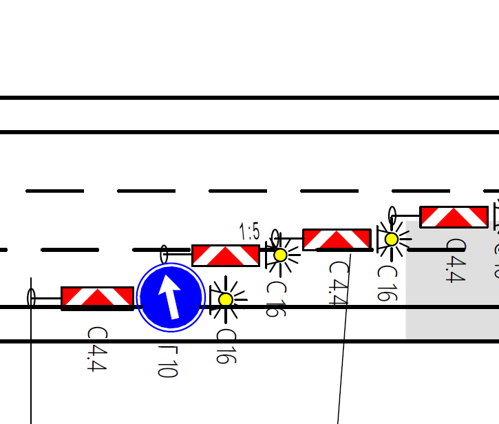 Construction plan with road barriers, a blue directional arrow, and measuring details.