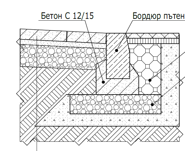Building foundation plan showing concrete, gravel, and bedrock layers with hexagonal and dotted patterns for different materials.
