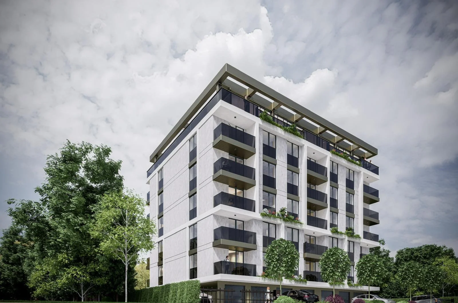 Modern multi-story apartment building with balconies and glass railings, surrounded by trees and parked cars.