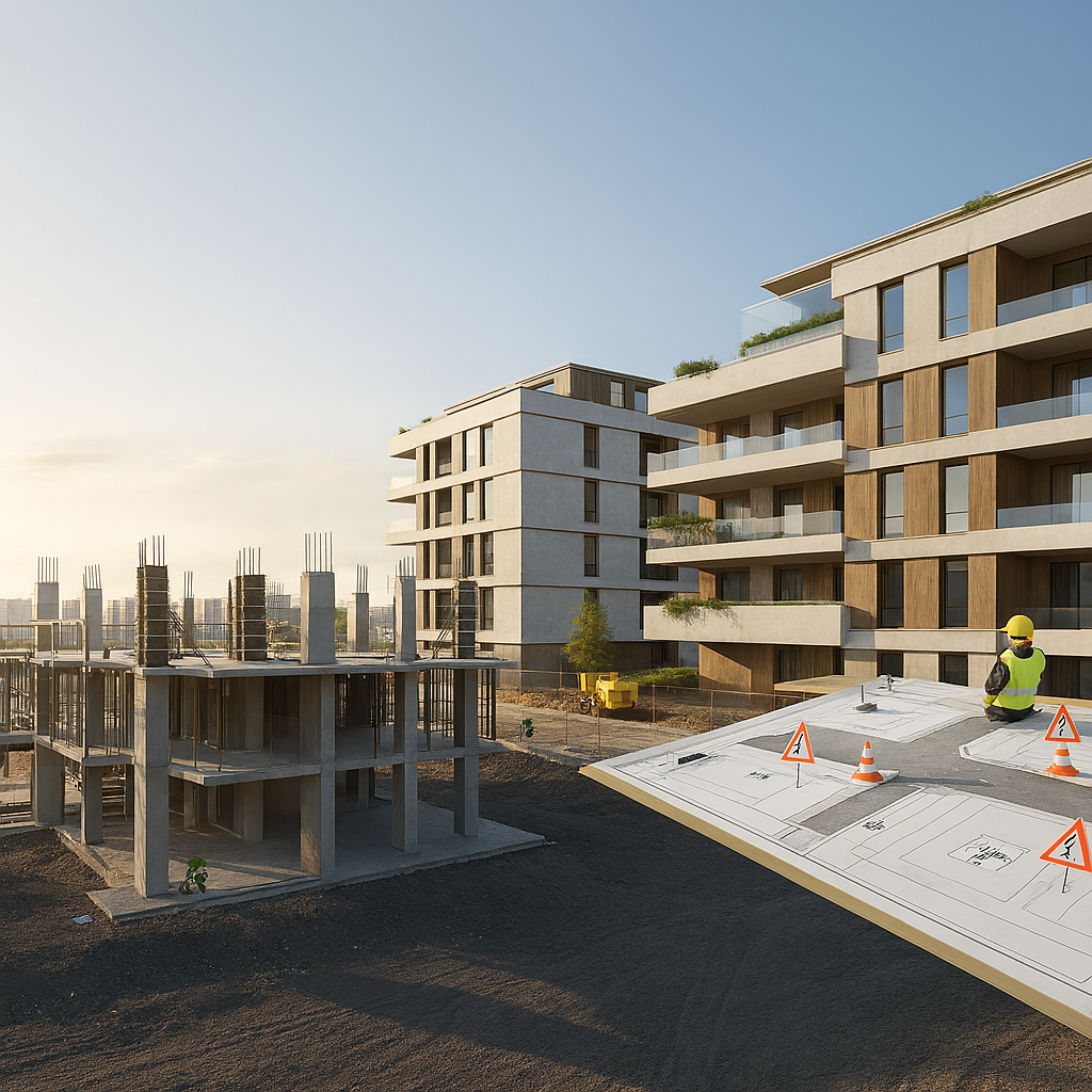Construction site on a new residential building with workers, concrete structures, and blue sky.