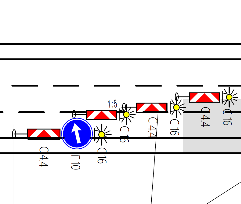 Detailed technical drawing of a construction site or roadway with barriers, road signs, and measurement annotations.