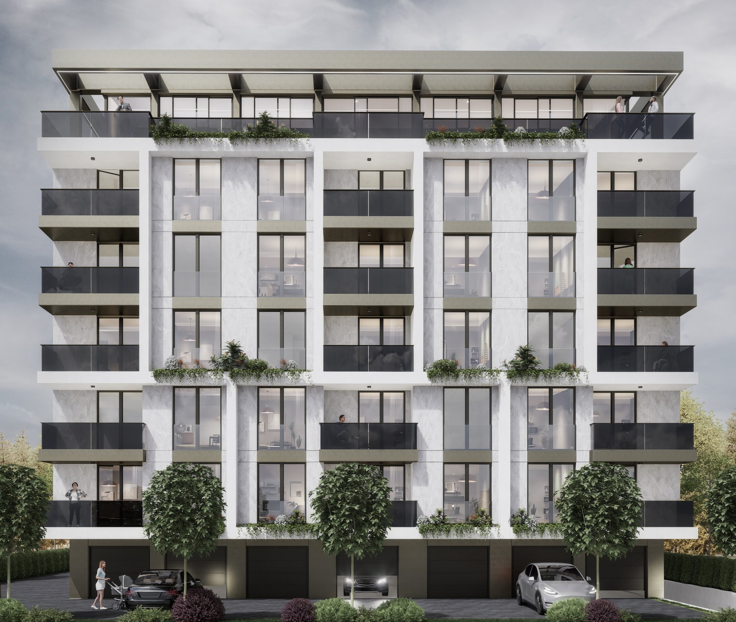 A modern multi-story apartment building with glass balconies and greenery on the terraces. Several residents are seen on the balconies, and cars are parked in the garage at the ground level. The scene is set against a cloudy sky with trees and bushes in the foreground.
