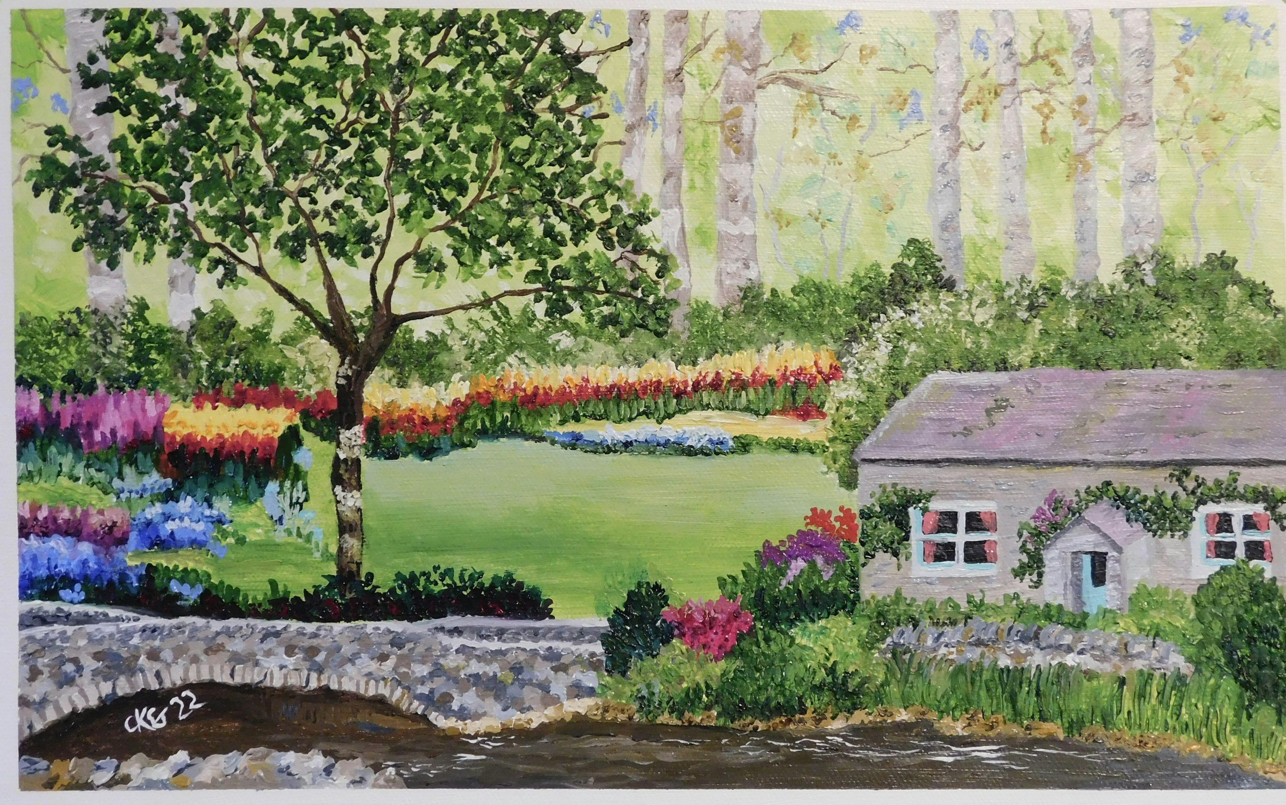 A painting of a quaint cottage by a stream